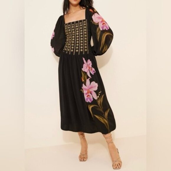 Farm Rio Dress Smocked Back Side-Zip Long Sleeve Big Floral Print Embroidered M - Picture 1 of 14